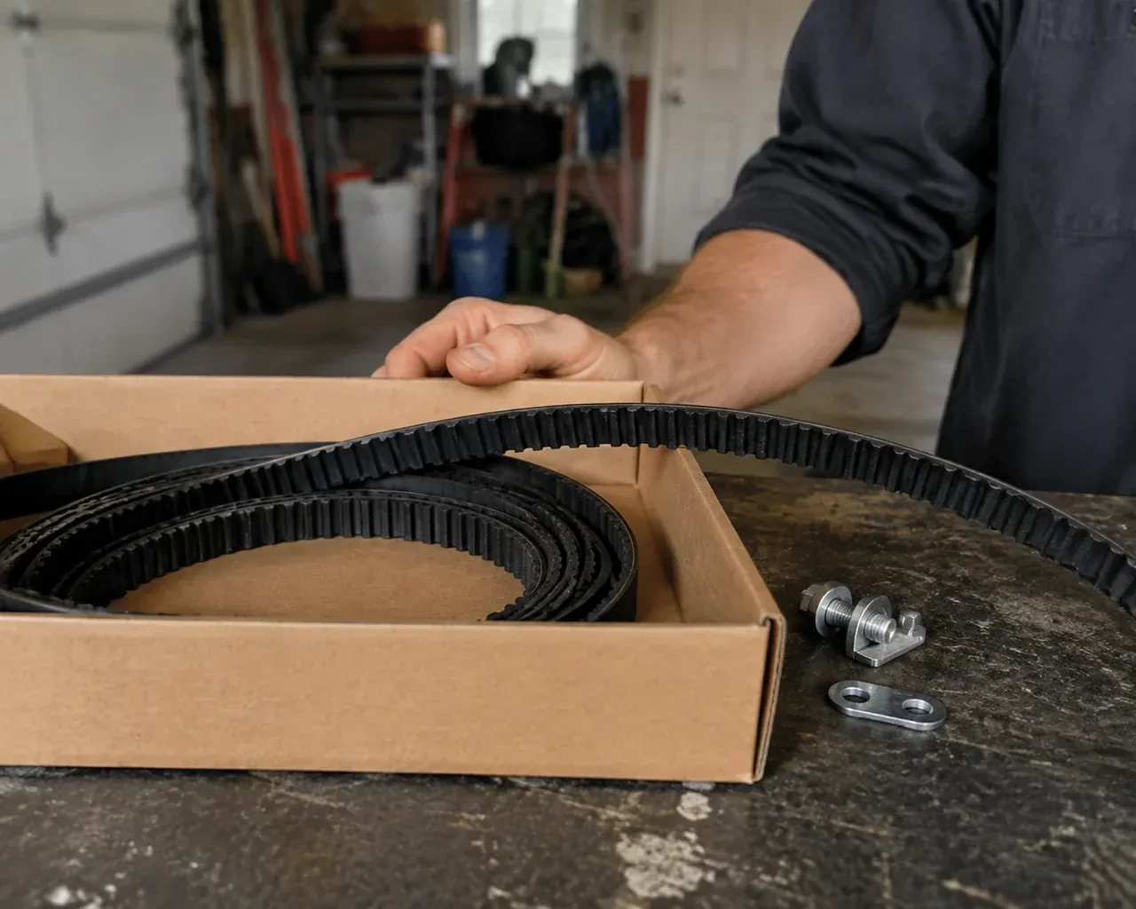 A toothed black drive belt lies in an open cardboard box beside small metal fittings on a garage workbench. — Belt-Drive Opener Repair, Fort Erie