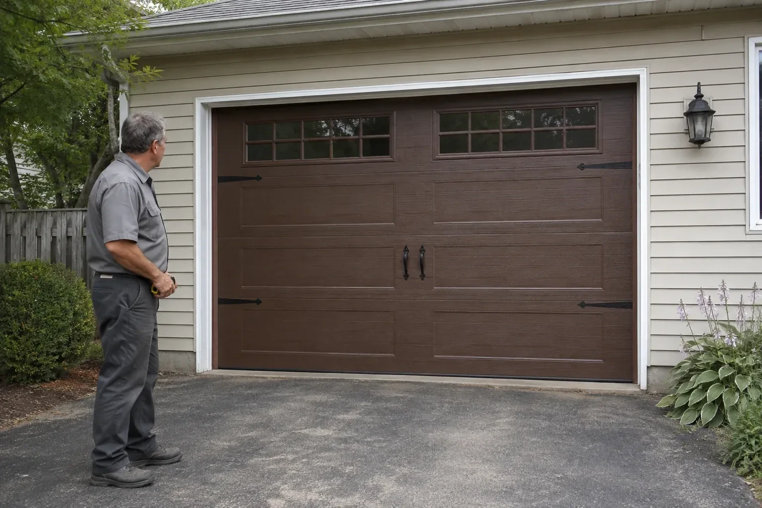 A person stands beside a closed brown garage door with upper windows and black decorative straps and handles. — Carriage-House Garage Door Installation, Fort Erie