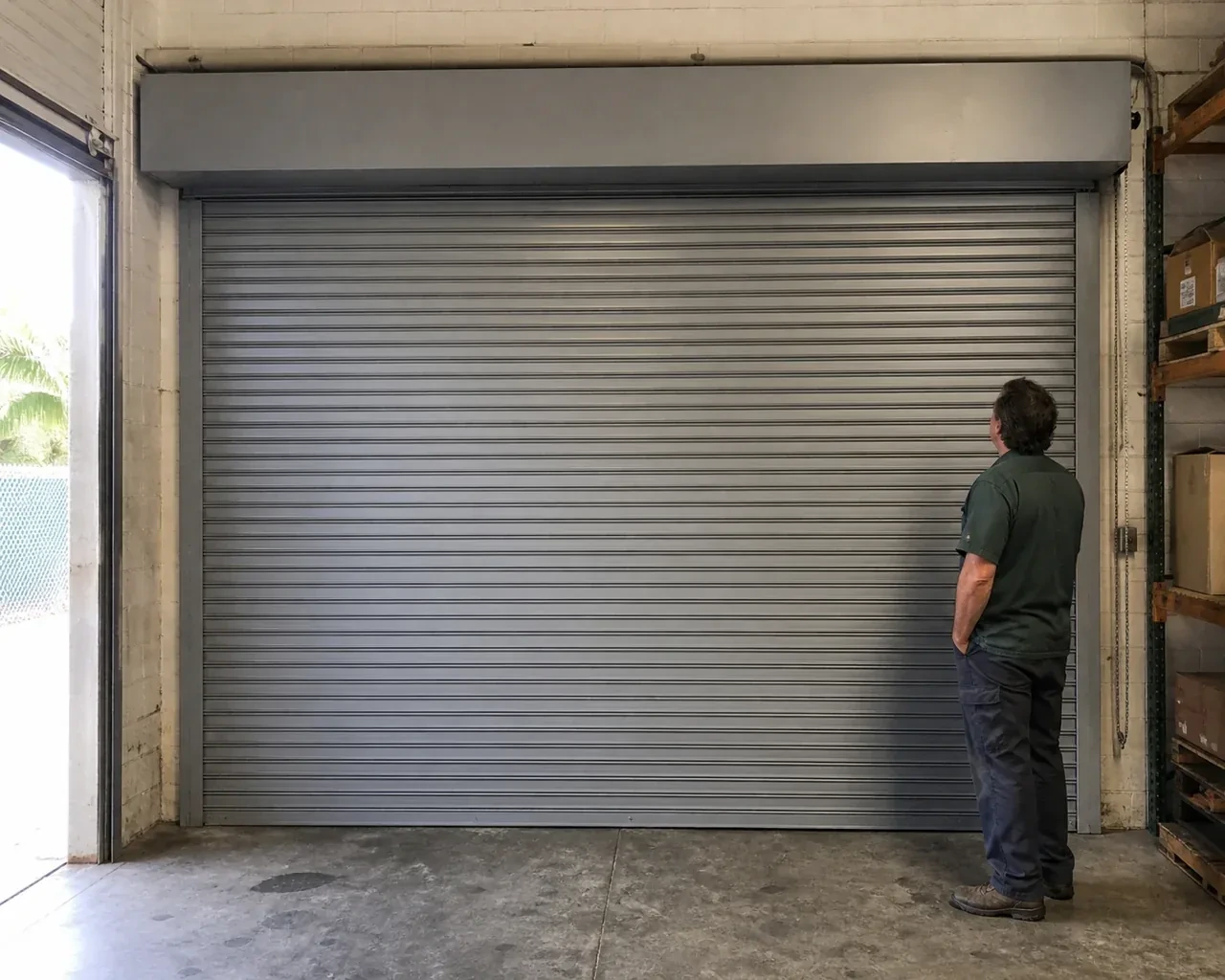 A person examines a closed metal rolling door with narrow horizontal slats, side guides and an overhead hood in a warehouse. — Commercial Rolling Door Repair, Fort Erie