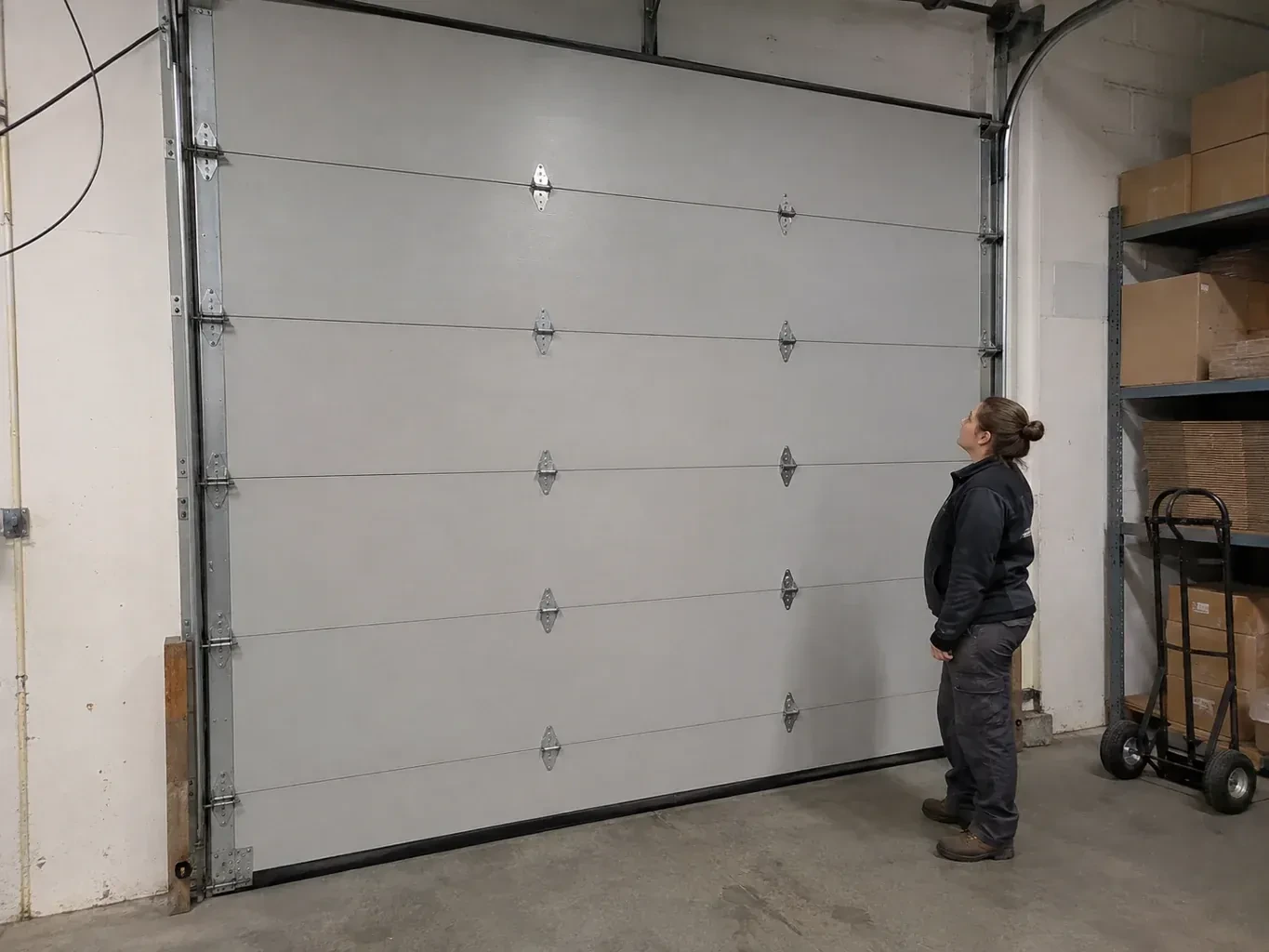 A person looks at a tall closed sectional door with broad panels, hinges and side tracks in a warehouse. — Commercial Sectional Door Repair, Fort Erie