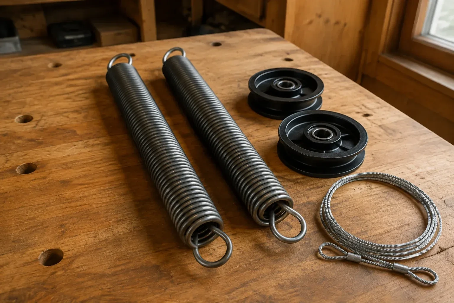 Illustrative garage doors scene; not an actual job — Extension Spring Replacement, Fort Erie