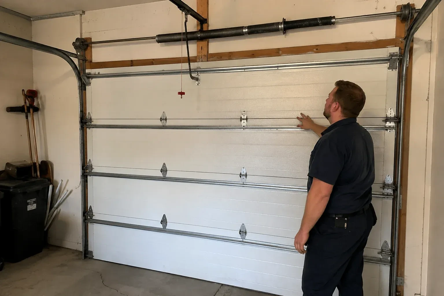 A person stands beside a closed sectional door beneath its overhead spring assembly. — Garage Door Balance Adjustment, Fort Erie
