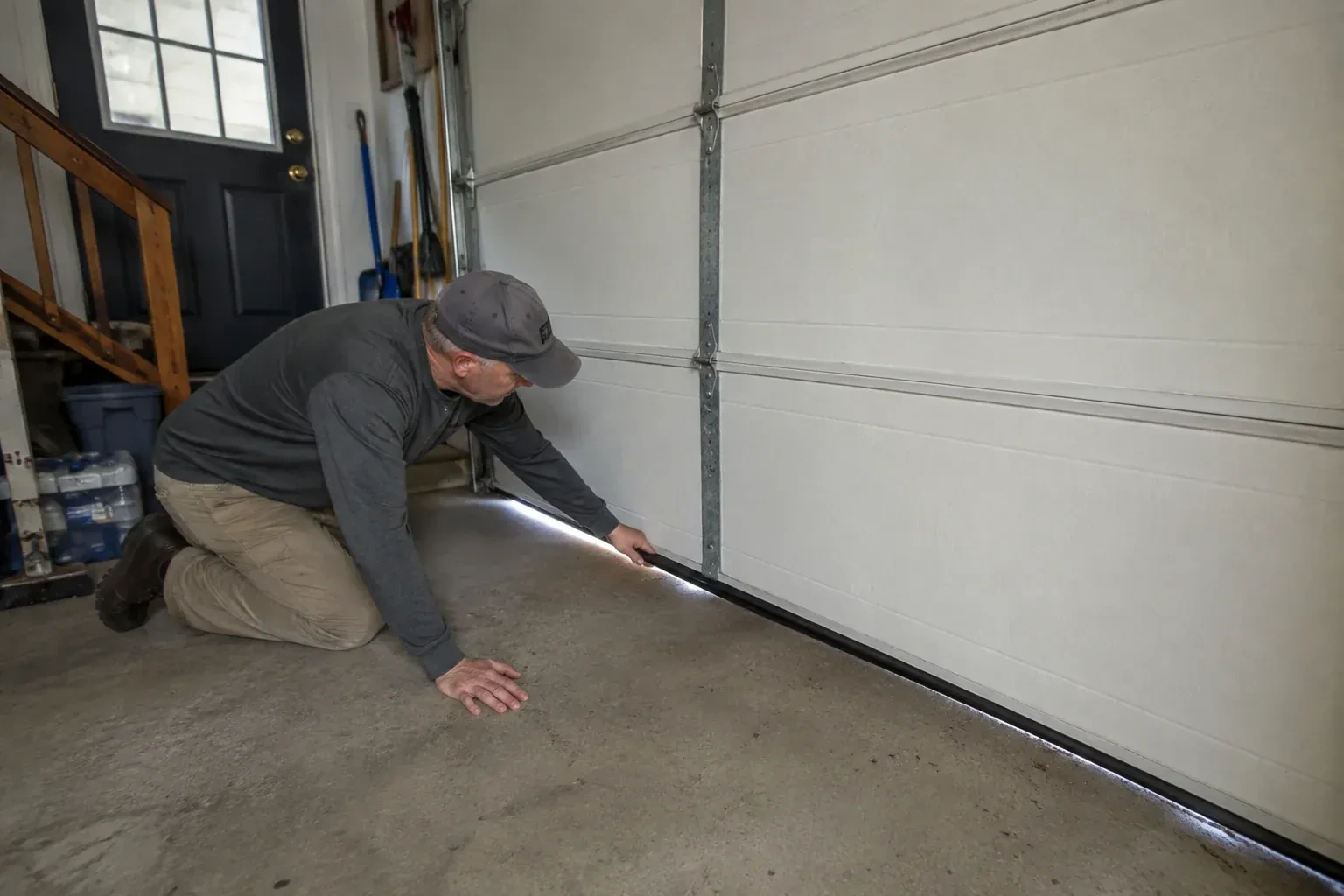 A person kneels beside the black bottom seal of a garage door, with daylight visible beneath the edge. — Garage Door Bottom Seal Replacement, Fort Erie