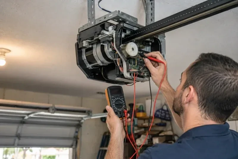 Person holding a multimeter and a red probe near the exposed circuit board of an overhead garage-door opener. — Garage Door Opener Diagnosis and Repair, Fort Erie