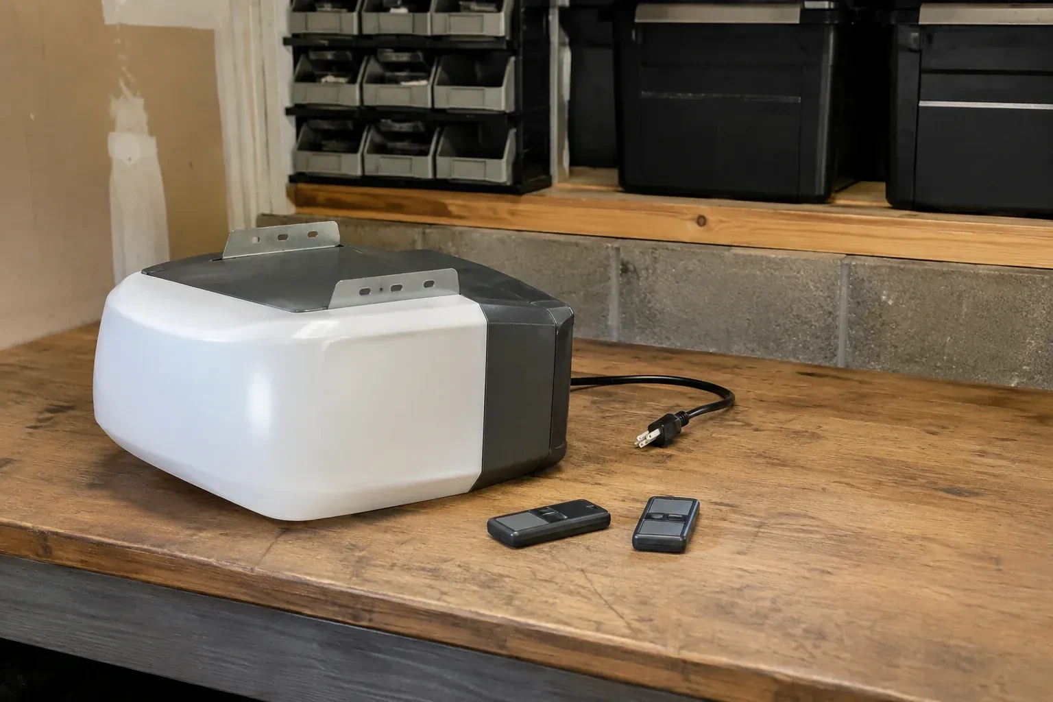 Detached opener housing and two remotes on a garage bench. — Garage Door Opener Replacement, Fort Erie