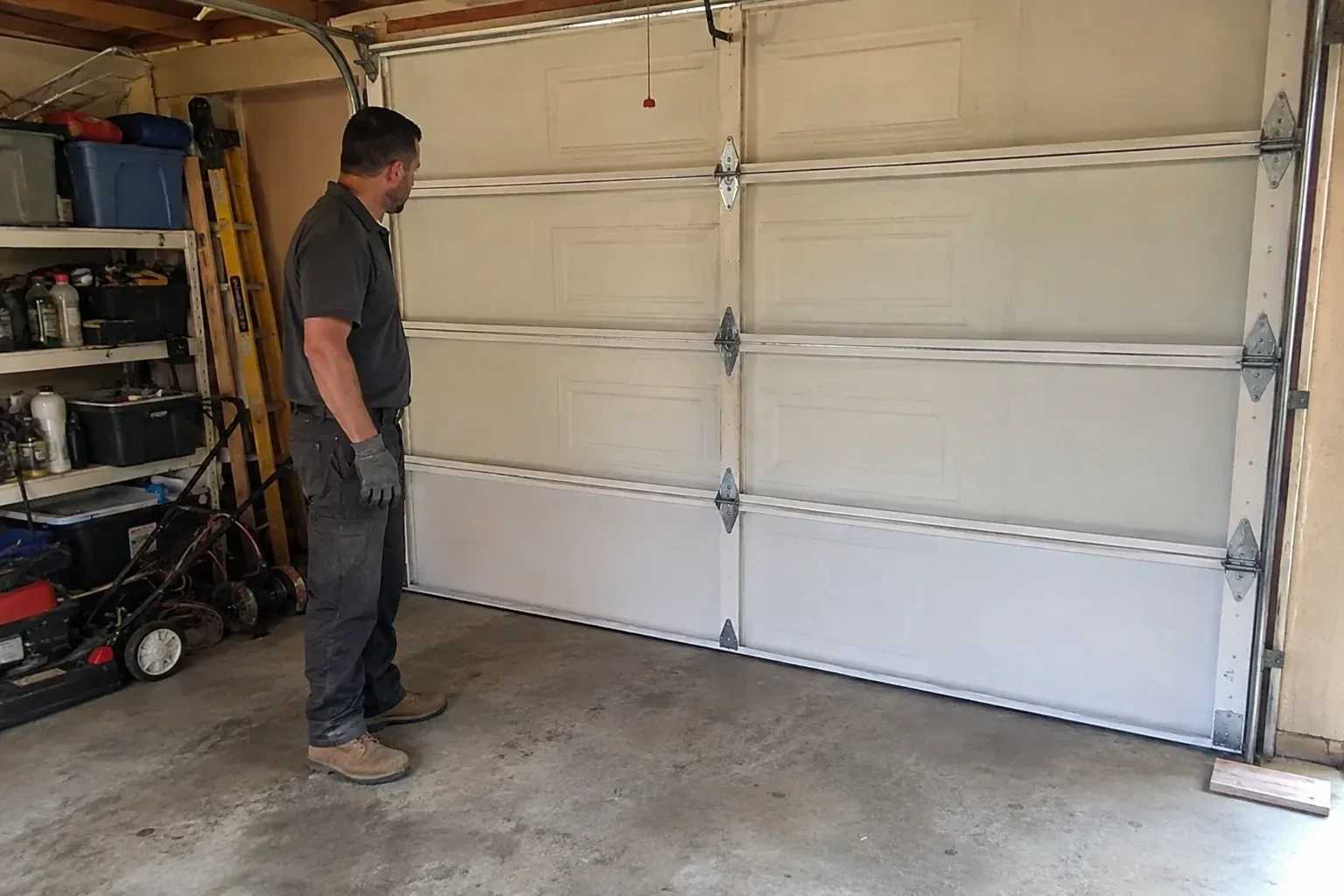 A person examines the interior panels and hinges of a closed sectional garage door. — Garage Door Panel Replacement, Fort Erie