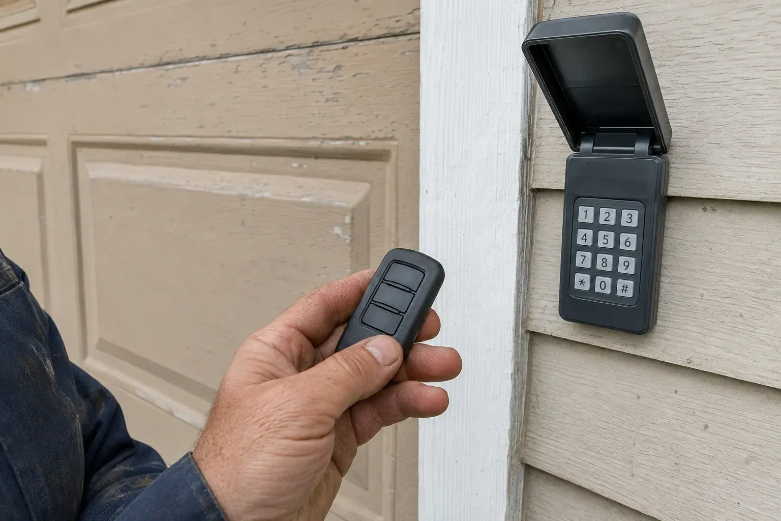 A hand holds a three-button remote beside an exterior garage keypad with its cover open. — Garage Door Remote and Keypad Programming, Fort Erie