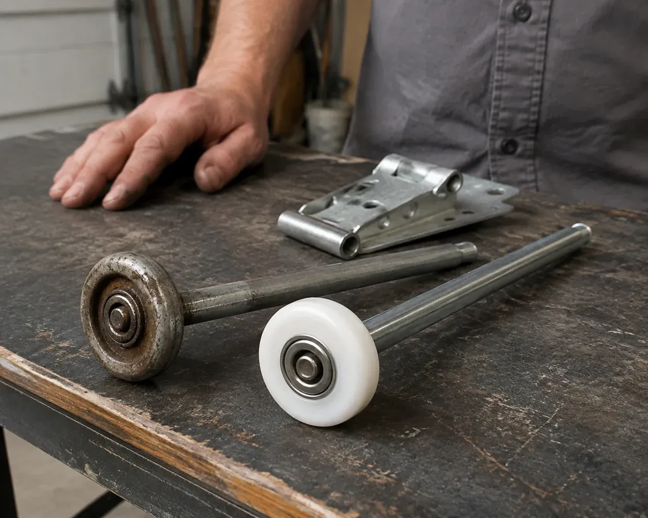 Steel and nylon garage-door rollers with long stems lie beside a detached hinge on a workbench. — Garage Door Roller Replacement, Fort Erie