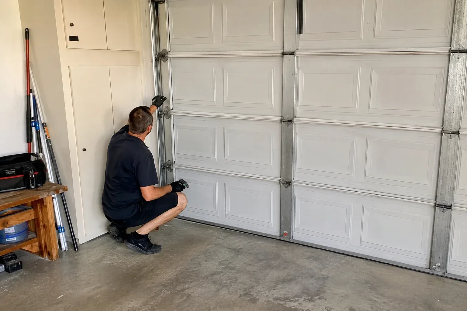 A person kneels beside the side track and hinges of a closed sectional garage door. — Garage Door Safety Inspection, Fort Erie