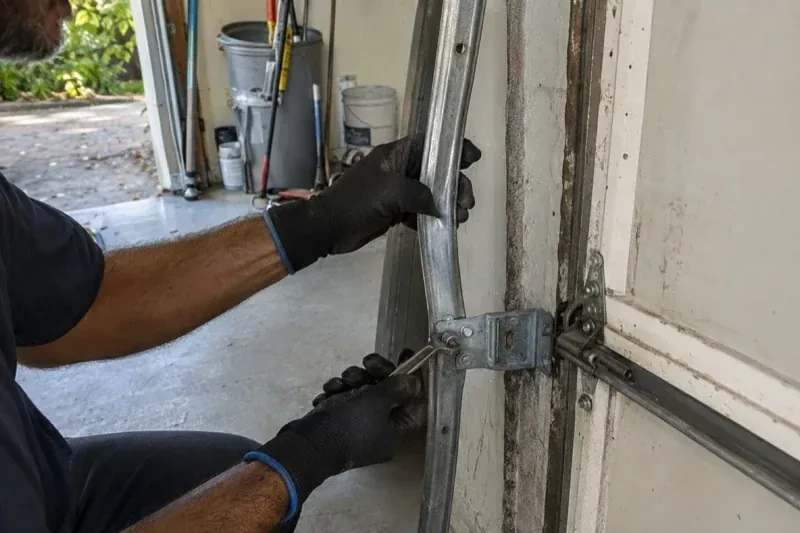 Gloved hands holding a vertical garage-door track and a wrench at its mounting bracket beside a door hinge. — Garage Door Track Repair or Replacement, Fort Erie