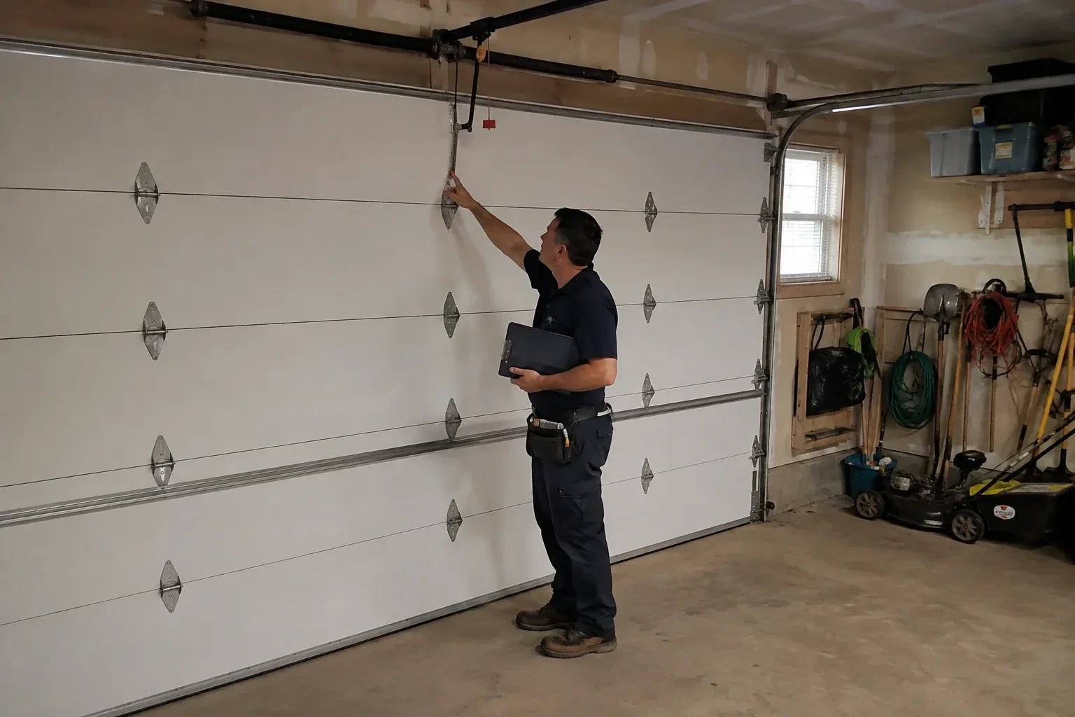 A person holding a clipboard examines the interior hardware of a closed garage door. — Garage Door Tune-Up, Fort Erie