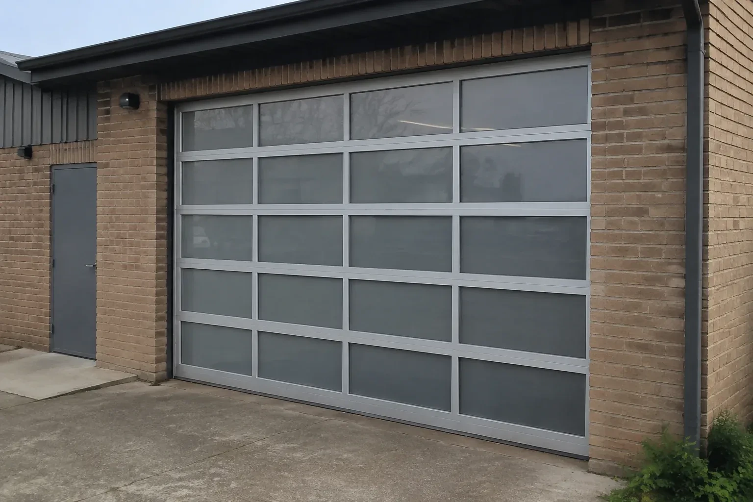 Closed glazed sectional door in a grey metal frame at a brick workshop. — Full-View Glass Garage Door Installation, Fort Erie