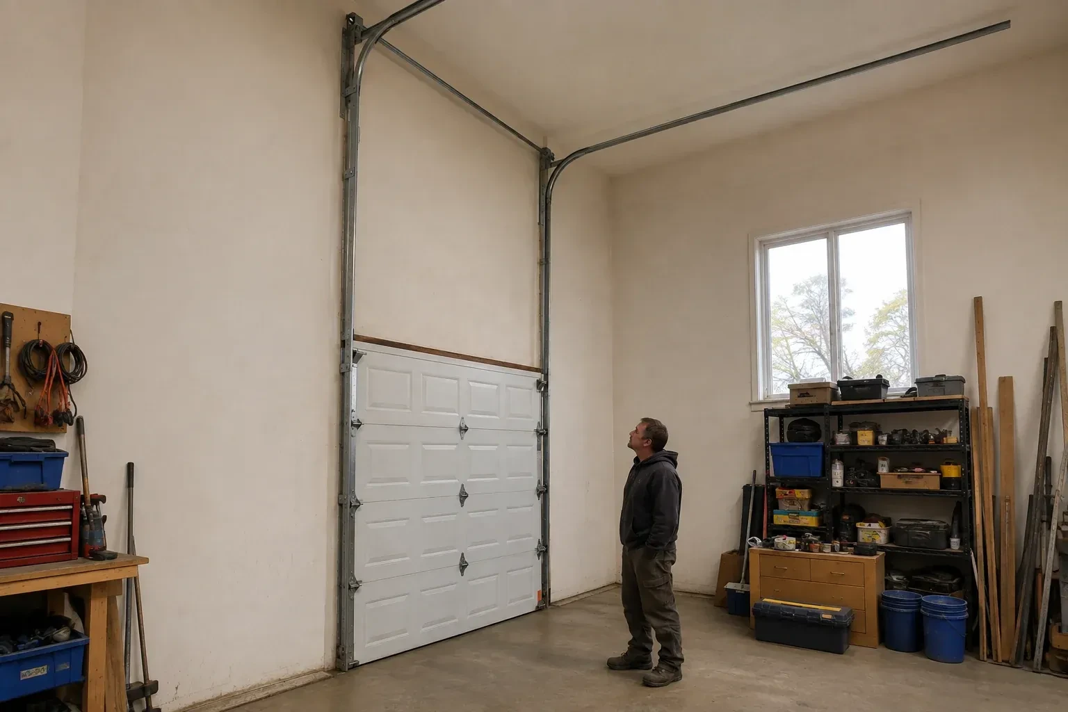 Vertical tracks extend above a closed garage door before curving near a high ceiling, while a person looks upward. — High-Lift Garage Door Conversion, Fort Erie