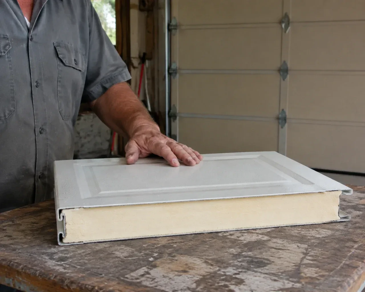 A panel sample exposes a cream foam core between thin metal faces on a garage workbench. — Insulated Steel Garage Door Installation, Fort Erie