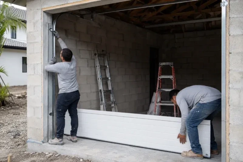 Two people positioning a white garage-door panel and side track in an unfinished masonry garage. — New-Construction Garage Door Installation, Fort Erie