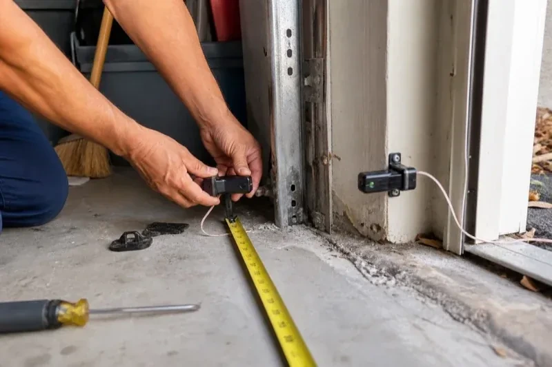Hands holding a small wired device beside another mounted device and a tape measure at a garage-door opening — Photo-Eye Sensor Alignment or Replacement, Fort Erie
