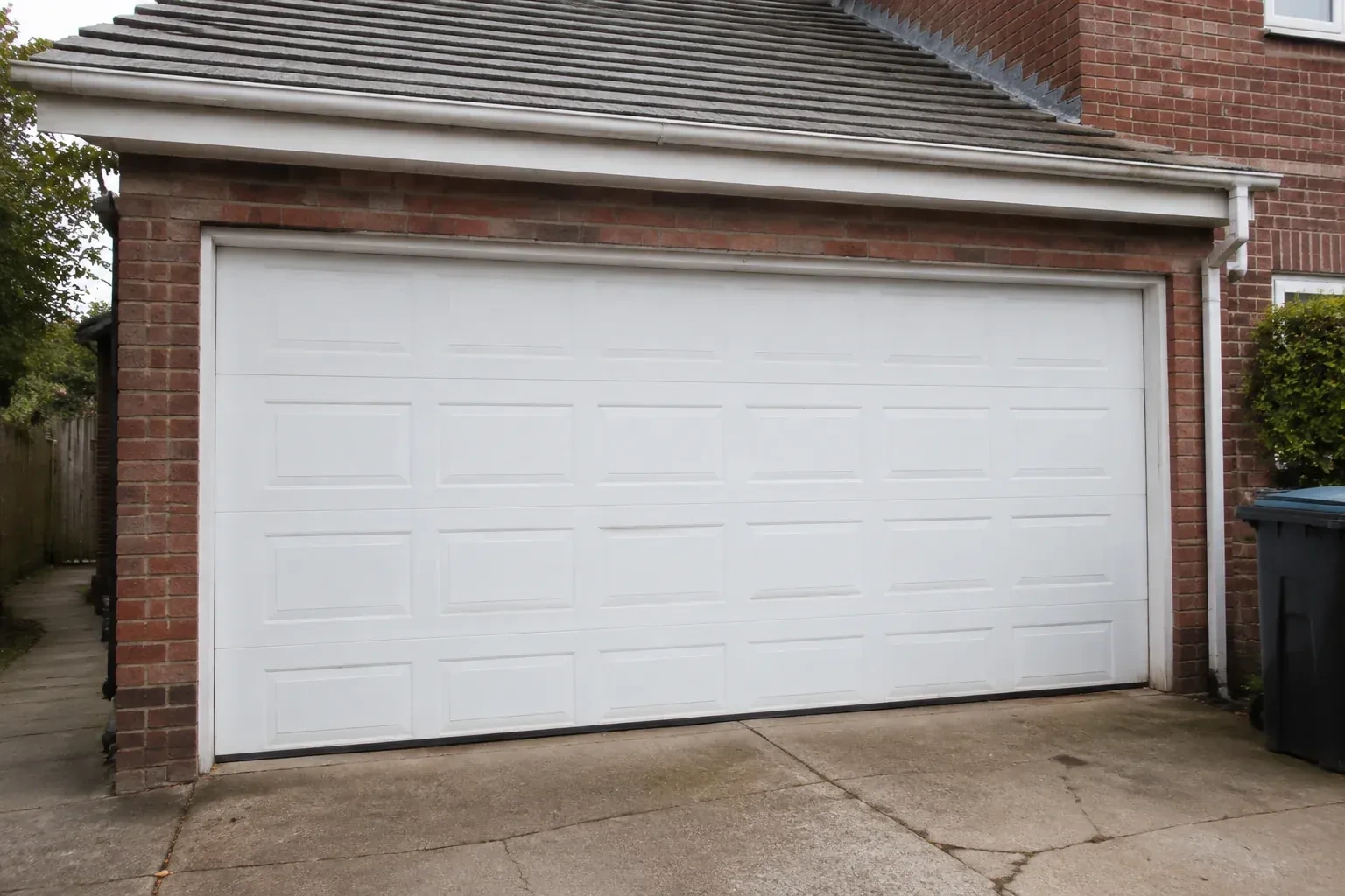 Closed white sectional garage door at an ordinary brick house. — Sectional Garage Door Replacement, Fort Erie