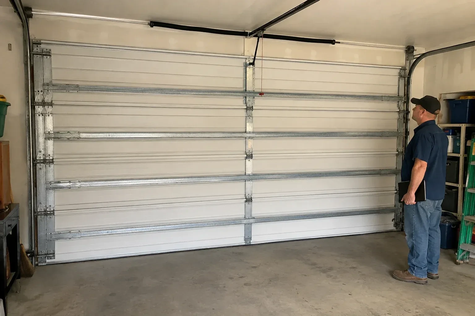A person examines horizontal metal reinforcement members across the interior of a closed garage door. — Wind-Rated Garage Door Replacement, Fort Erie